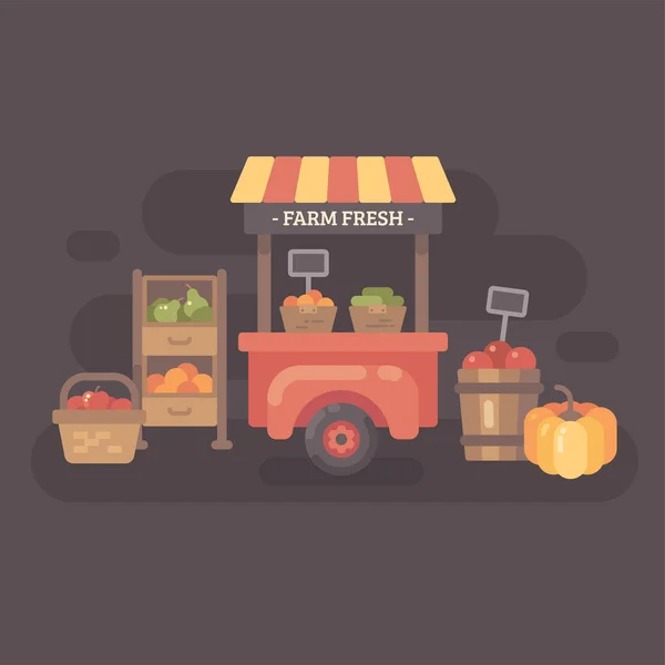 Mercado de agricultores com frutas e legumes. Autumn venda ilustração plana — Vetor de Stock