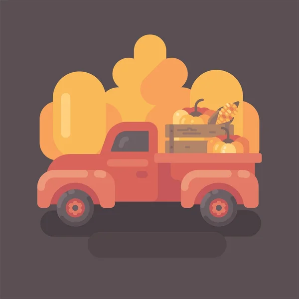 Παλιό αγρόκτημα φορτηγό με κολοκύθες με κίτρινα δέντρα στο παρασκήνιο — Διανυσματικό Αρχείο