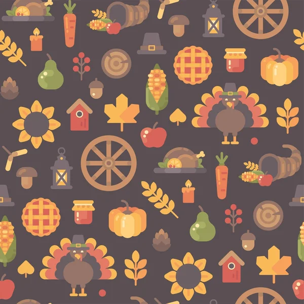 Ikon musim gugur pola mulus. Ilustrasi rata latar belakang Thanksgiving - Stok Vektor