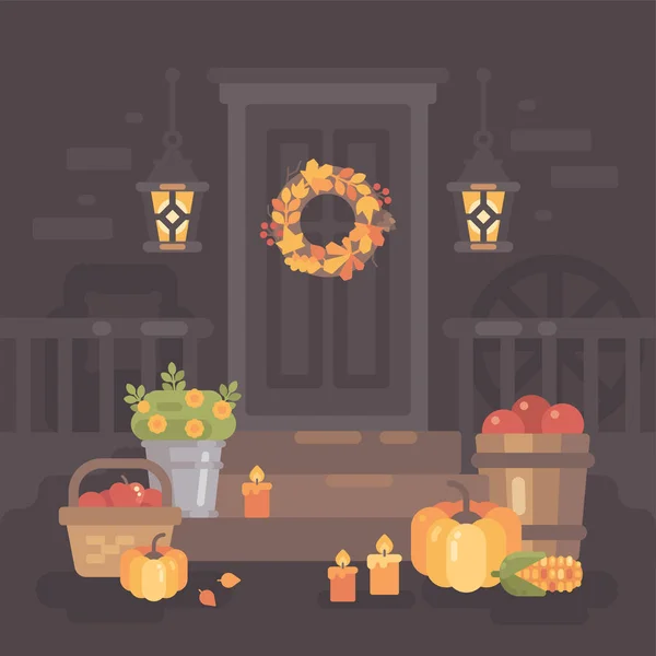 秋天的门廊装饰用灯笼、 蔬菜和树叶。感恩节那天家居装饰 — 图库矢量图片