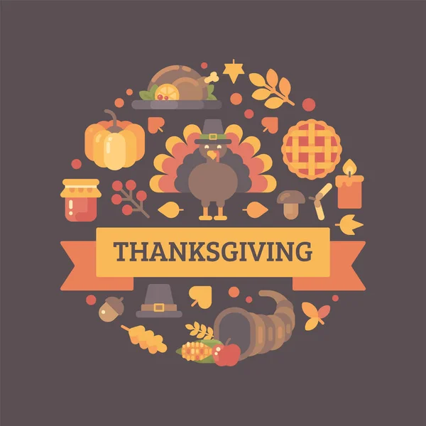 Iconos de Acción de Gracias dispuestos en círculo. Fondo colorido de vacaciones de otoño — Vector de stock