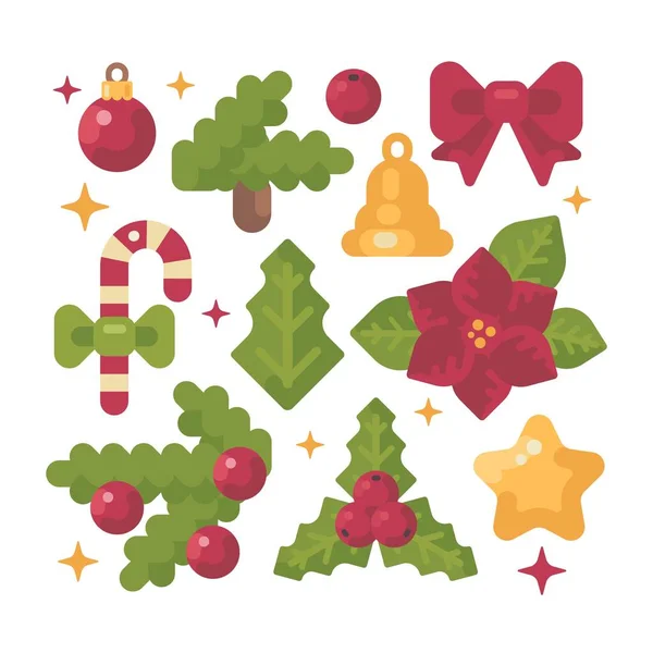 Set de artículos navideños ilustración plana. Iconos de decoración de vacaciones — Vector de stock