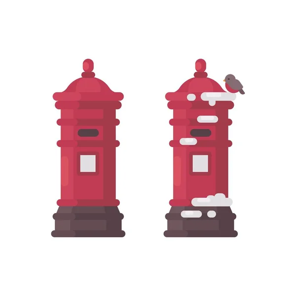 Twee rode vintage postvakken met sneeuw. Oude postboxes wachten op brieven aan de Kerstman — Stockvector