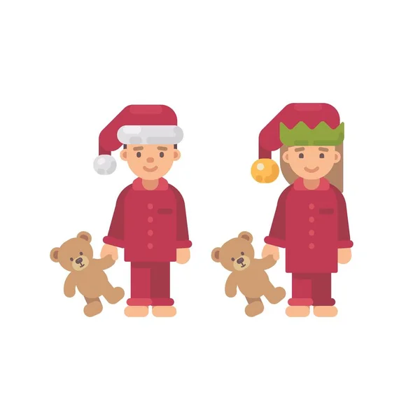 Zwei Kinder in Weihnachtsmützen und roten Pyjamas mit Teddybären — Stockvektor