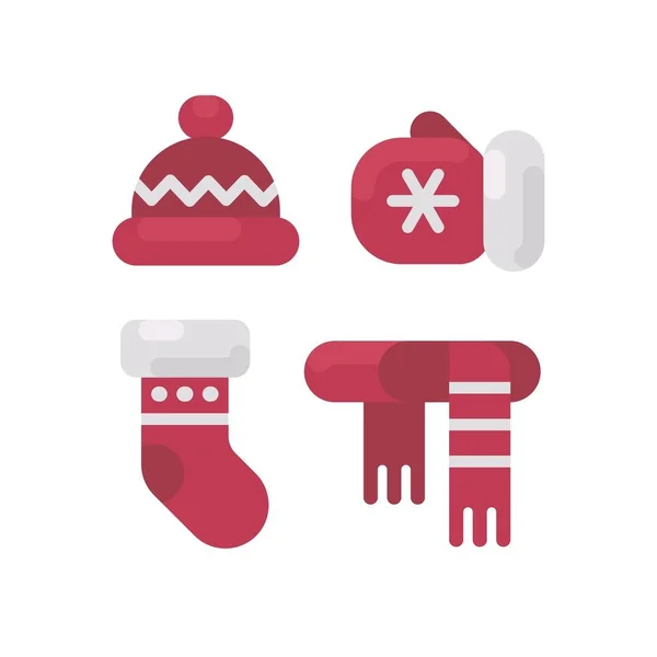 Conjunto de ropa de invierno ilustración plana. Sombrero, manopla, medias y bufanda. Iconos planos de Navidad — Archivo Imágenes Vectoriales