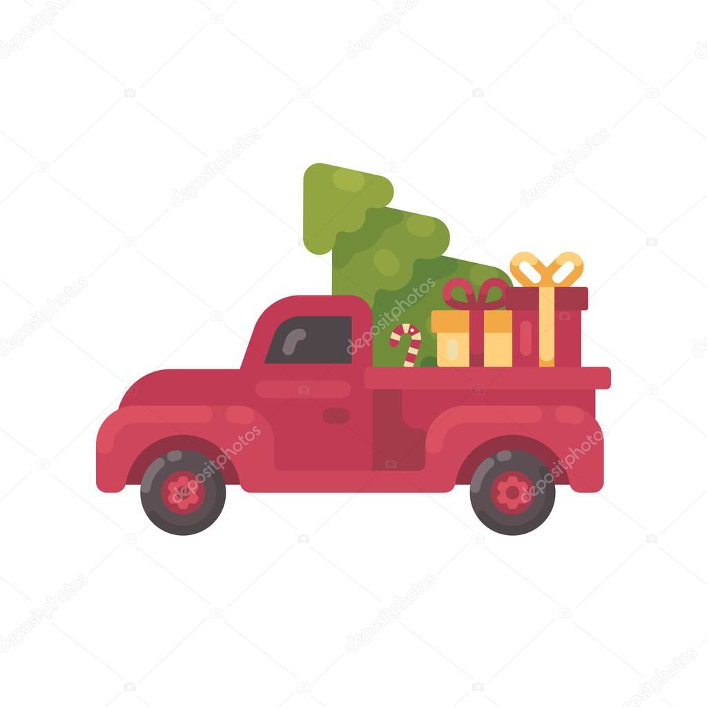 Old red truck with Christmas tree and presents