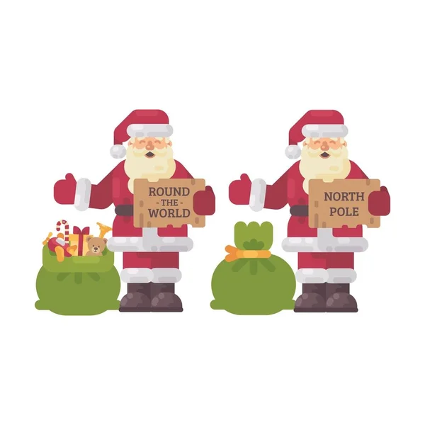 Santa Claus haciendo autostop en la noche de Navidad. Personaje de vacaciones ilustración plana — Archivo Imágenes Vectoriales