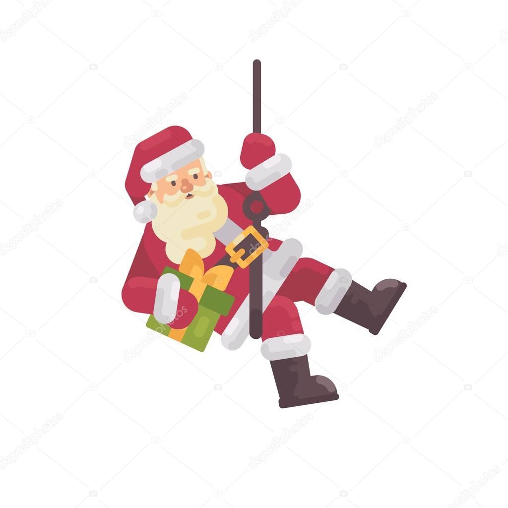 Santa Claus rappelling with a present in hand. Santa climbing down the chimney.