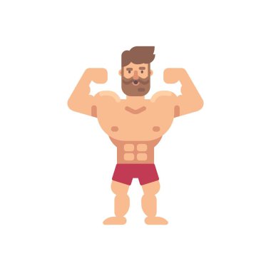 Genç kaslı adam düz illüstrasyon sakallı. Fitness düz karakter