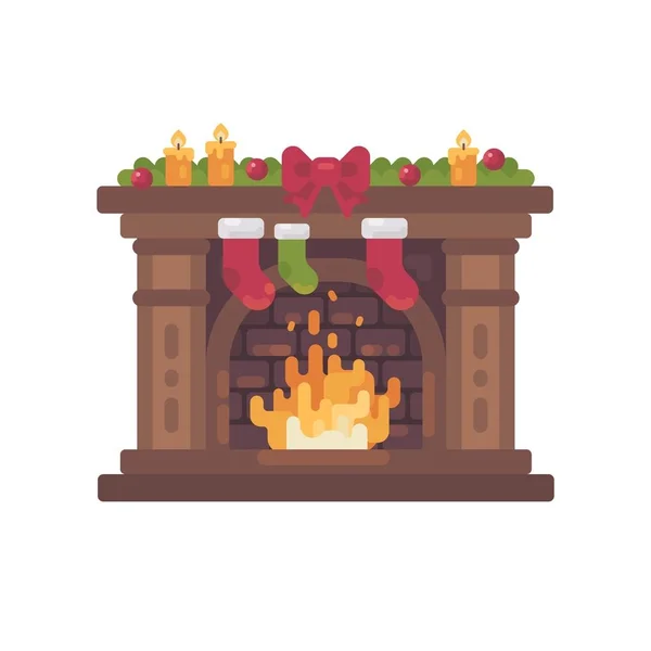 Weihnachten dekorierter Kamin mit Strümpfen für Geschenke flache Illustration — Stockvektor