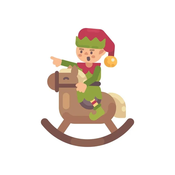 Süße Weihnachtselfe auf einem Schaukelpferd. Santa claus elf flache charakter illustration — Stockvektor