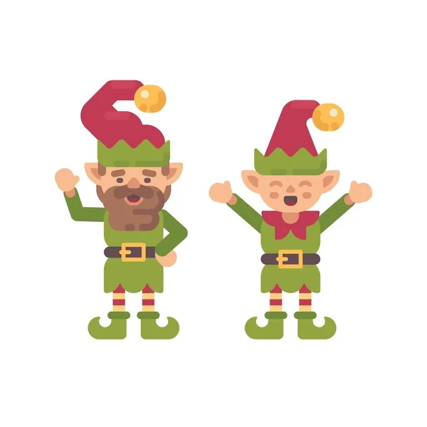 Dos lindos elfos de Navidad ilustración plana. Personaje de vacaciones icono plano — Archivo Imágenes Vectoriales