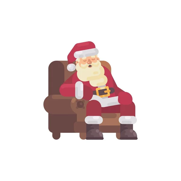 Cansado Papai Noel dormindo em uma poltrona depois de entregar os presentes. Personagem de Natal ilustração plana — Vetor de Stock