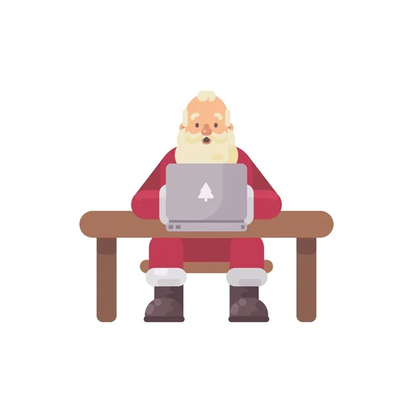 Санта Клаус сидит за своим столом и читает почту на ноутбуке. Рождественская плоская иллюстрация — стоковый вектор
