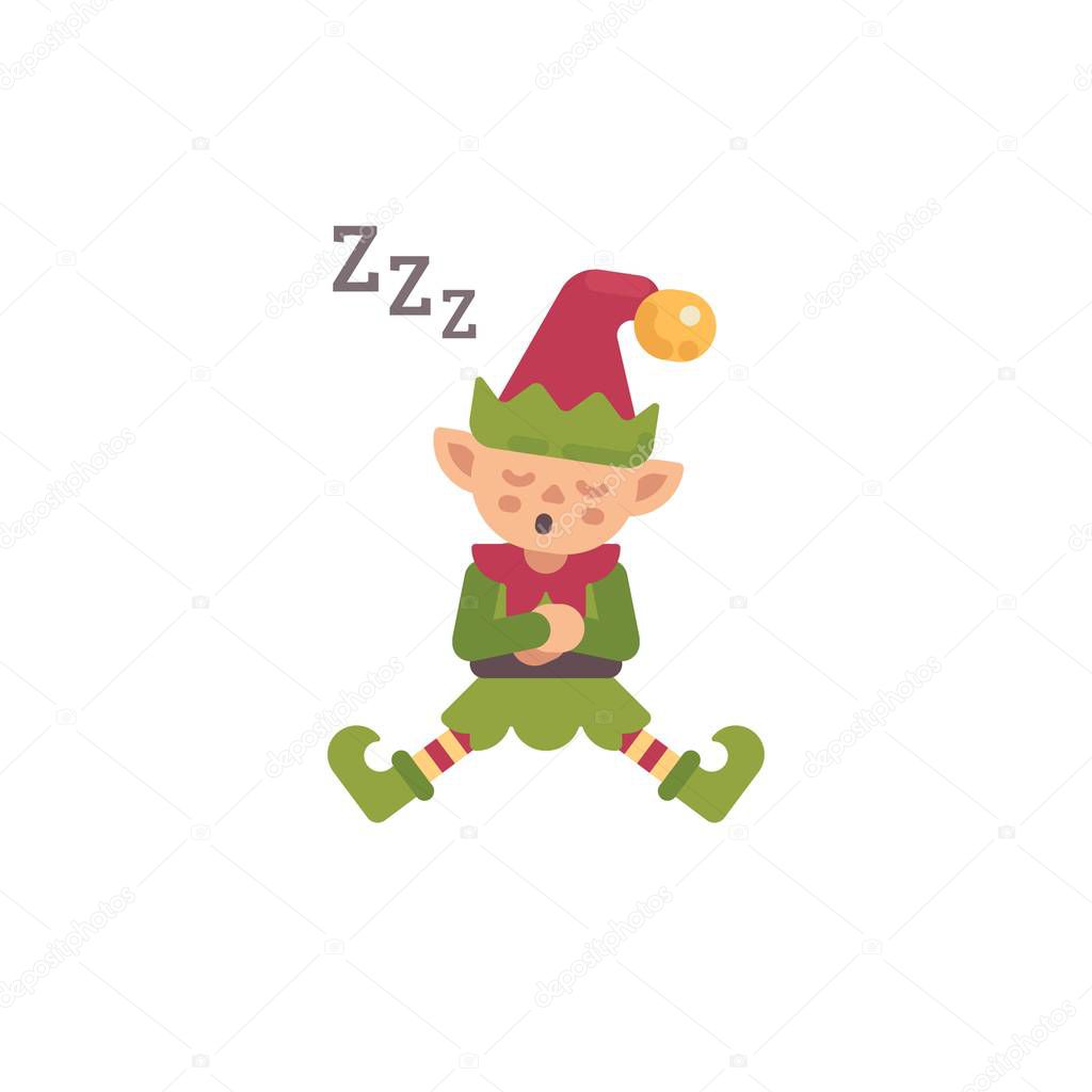 Cute Christmas elf sleeping after a hard day. Santa Claus elf flat character illustration