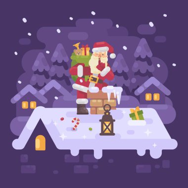 Neşeli Noel Baba hediyeleri Noel gecesi dolu bir çanta ile baca içine tırmanma çatıda. Mor kış düz illüstrasyon