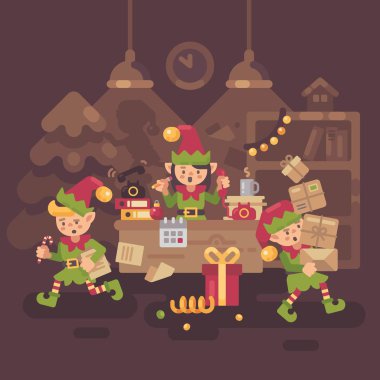 Meşgul Noel baba ofisi. Elf işçileri taşıyan sunar ve harfleri ve telefonlara Noel arifesinde çağırır. Tatil düz illüstrasyon