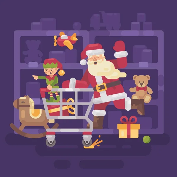 Papai Noel montando um carrinho de compras com seu elfo em um supermercado de brinquedos. Natal ilustração plana — Vetor de Stock