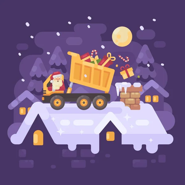 Santa Claus en un camión volquete amarillo en una azotea descargando regalos en la chimenea de un niño muy agradable. Personaje navideño ilustración — Archivo Imágenes Vectoriales