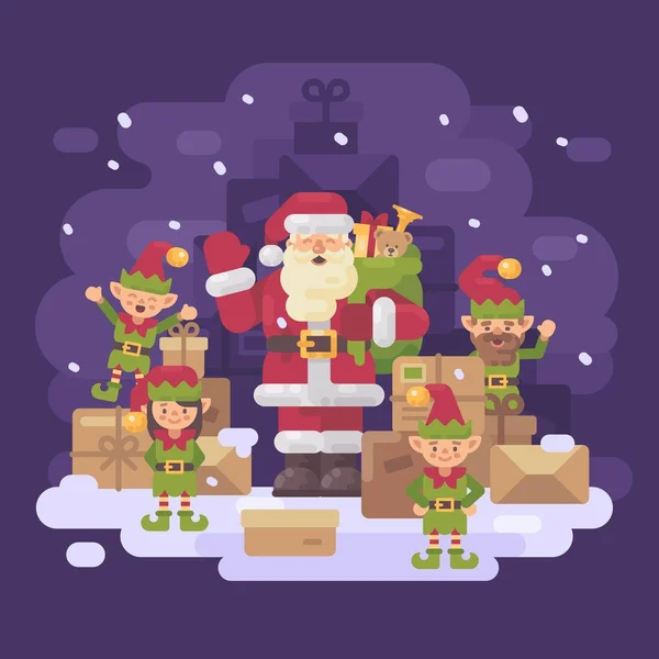 Servicio de entrega de Santa Claus. Santa con un equipo de elfos y una pila de paquetes y regalos en una noche de invierno nevada. Personajes navideños tarjeta de felicitación ilustración plana — Vector de stock