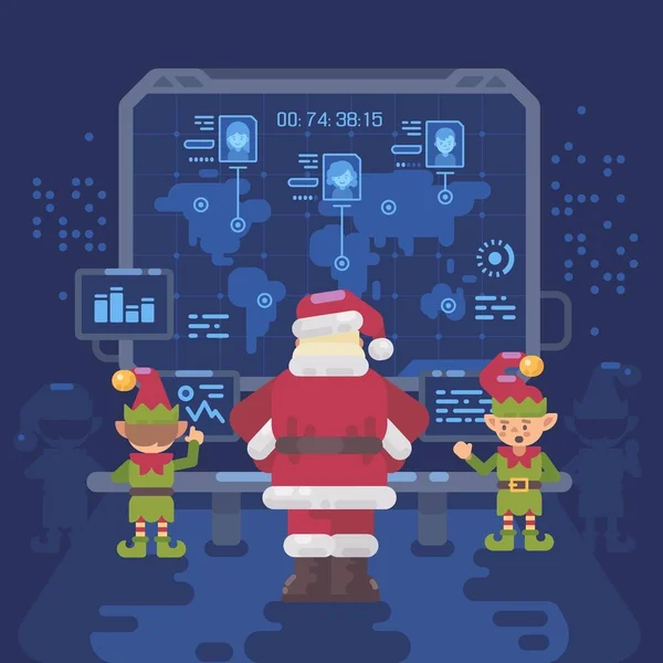 Babbo Natale e i suoi elfi nella sala di controllo di Babbo Natale guardando un grande schermo con mappa interattiva di bambini cattivi e simpatici in tutto il mondo. Natale piatto illustrazione — Vettoriale Stock