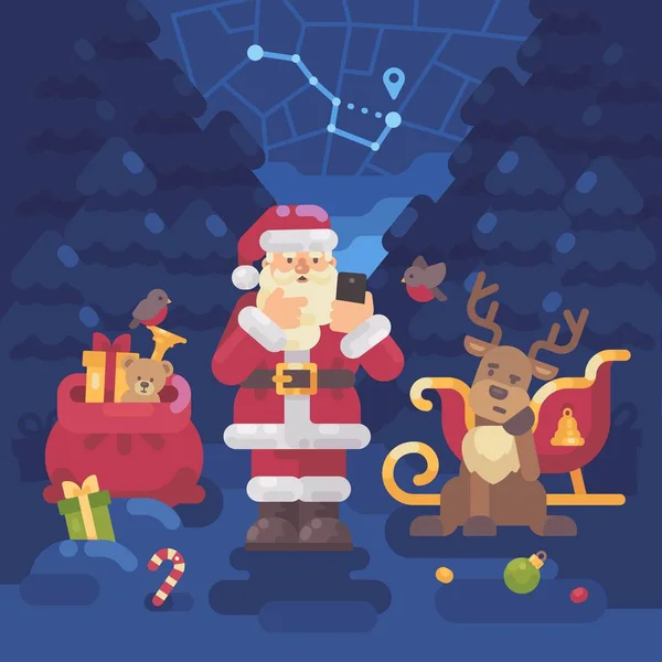 Babbo Natale e le sue renne si sono persi nella foresta e Babbo Natale sta cercando di trovare la loro posizione con il GPS sul suo smartphone. Natale piatto illustrazione — Vettoriale Stock