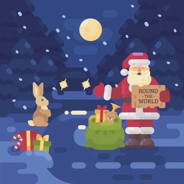 Babbo Natale ha perso la slitta e le renne e sta facendo l'autostop sulla strada per consegnare regali ai bambini. Natale piatto illustrazione — Vettoriale Stock