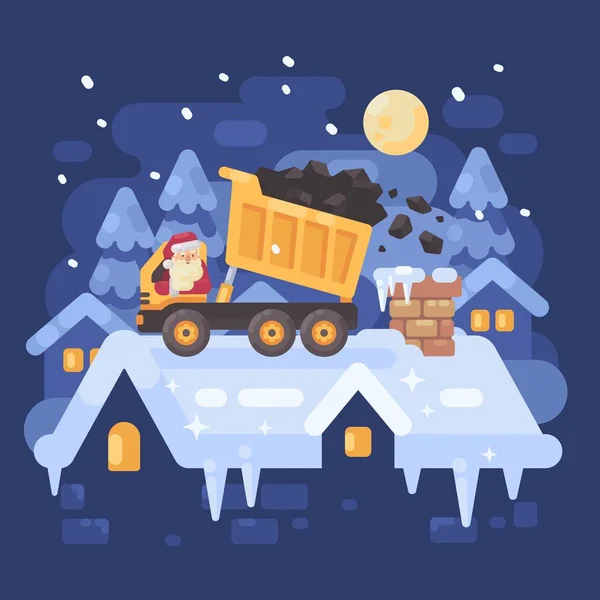 Babbo Natale in un camion giallo ribaltabile su un tetto che scarica carbone nel camino di un bambino molto cattivo. Illustrazione carattere di Natale — Vettoriale Stock