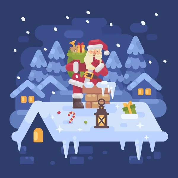 Papai Noel alegre em um telhado subindo na chaminé com um saco cheio de presentes na noite de Natal. Azul inverno ilustração plana — Vetor de Stock