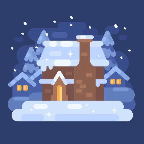 Schneeblaue Winterdorf-Landschaft mit einem Haus. Weihnachtsflache Illustration — Stockvektor