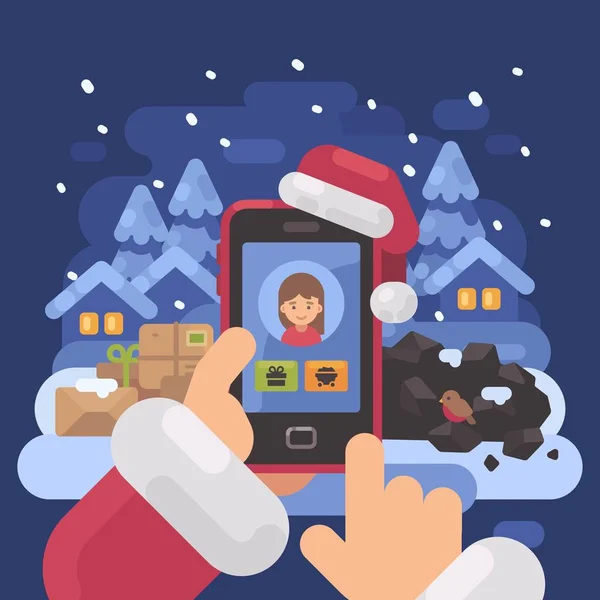 Babbo Natale controllare i profili dei bambini online decidere chi è cattivo e bello. Natale piatto illustrazione — Vettoriale Stock