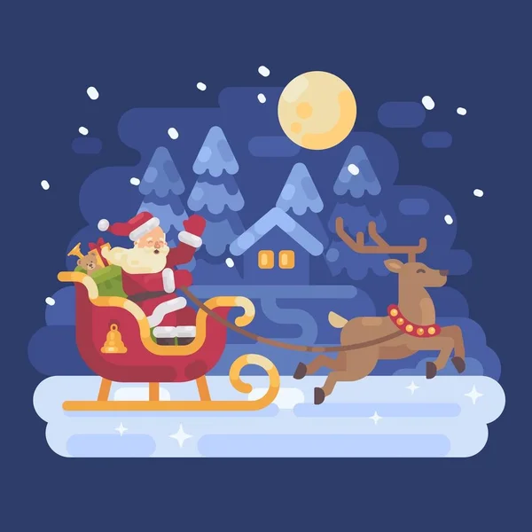 Feliz Santa Claus cabalgando en un trineo dibujado por renos a través de un paisaje nevado de la aldea de invierno. Ilustración plana Navidad — Archivo Imágenes Vectoriales