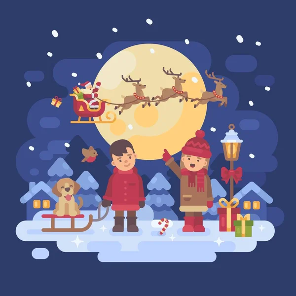 Karlı kış gecesi dışında oynayan köpek evli ve iki çocuk. Bir kızak ve bir köpek yavrusu çocuk. Noel Baba Ren geyiği ile bir atlı kızak içinde işaret eden kız. Noel karakter tebrik kartı düz illüstrasyon — Stok Vektör