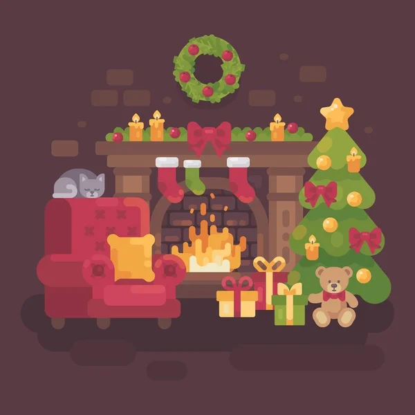 Затишна прикрашена різдвяна кімната з каміном, червоне крісло, ялинка з подарунками та сплячий кіт. Свято плоскої ілюстрації — стоковий вектор