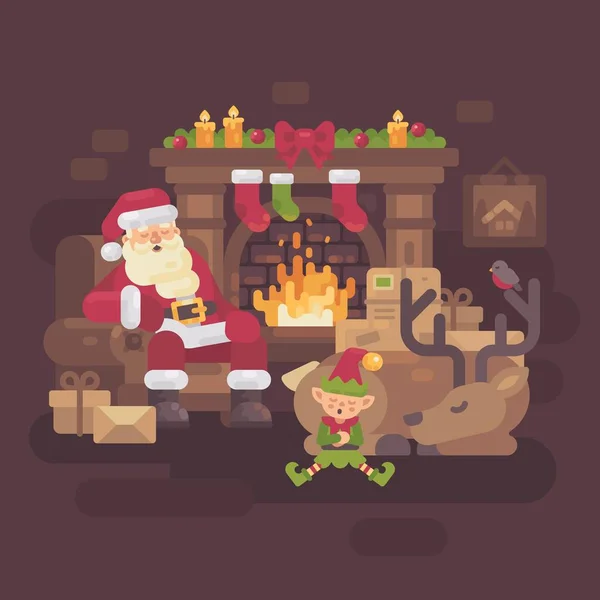 Cansado Santa Claus con sus renos y elfos durmiendo junto a la chimenea después de un duro día de Navidad — Vector de stock