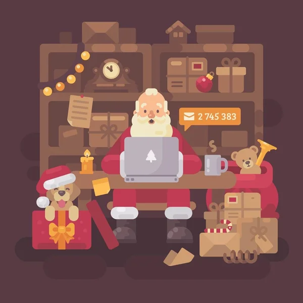 Babbo Natale seduto alla scrivania nel suo ufficio pieno di pacchi per bambini. Babbo Natale con un portatile che controlla le email. Natale piatto illustrazione — Vettoriale Stock