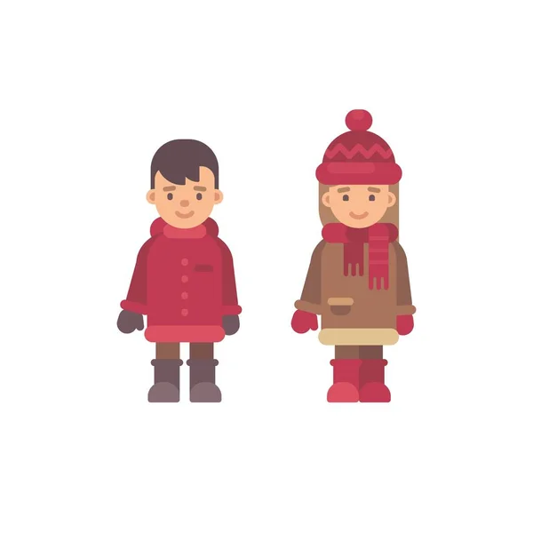 两个可爱的小孩穿着冬衣。圣诞儿童字符。情人节可爱情侣平面插图 — 图库矢量图片