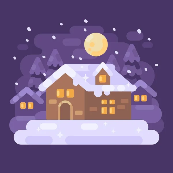 Schneebedeckten lila Winterdorf Landschaft mit einem Haus. Weihnachten Nacht flache Illustration — Stockvektor