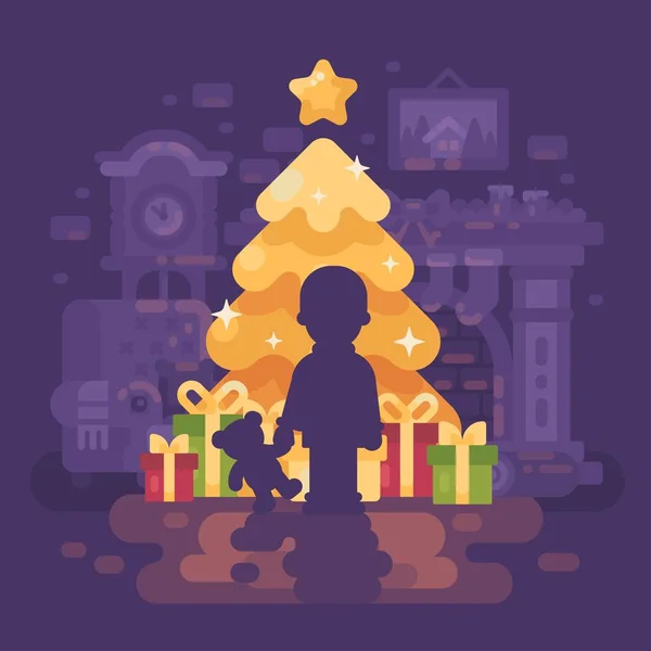 Um menino com uma silhueta de ursinho de pelúcia contra uma árvore de Natal brilhante com presentes à noite em um quarto acolhedor com uma lareira, uma poltrona e relógio do avô. Férias magia plana ilustração — Vetor de Stock
