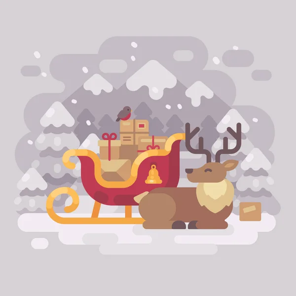 Rena alegre do Papai Noel deitada perto do trenó com presentes em uma paisagem de montanha de inverno nevado. Natal cartão de saudação ilustração plana — Vetor de Stock