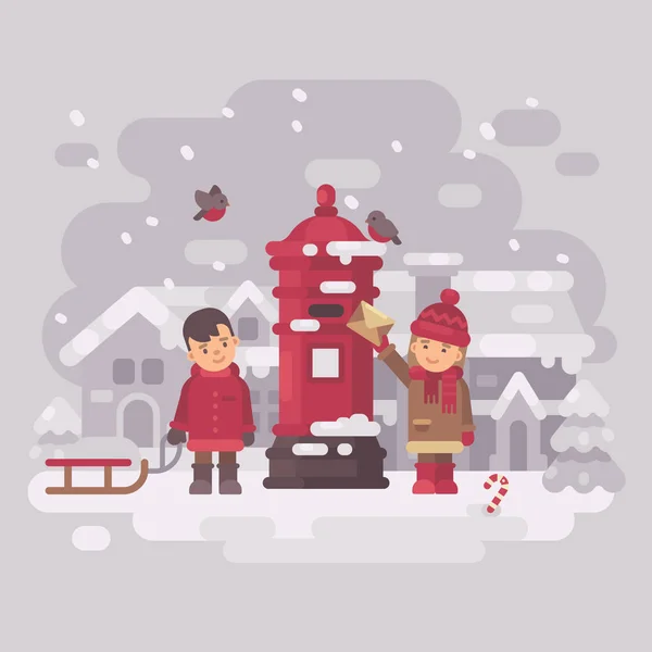 Twee schattige kleine kinderen een brief aan de Kerstman. Glimlachend jongetje met slee, omhullen meisje zetten in oude vintage rode brievenbus in een besneeuwde winter-dorp. Christmas wenskaart vlakke afbeelding — Stockvector