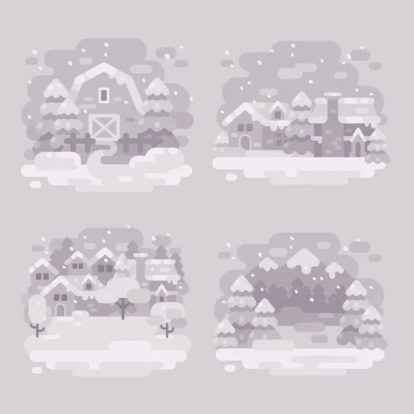 Set aus vier monochromen weißen Winterlandschaftshintergründen. verschneite Winterscheune, Dorf, Stadt Ameisenberge flache Abbildung — Stockvektor