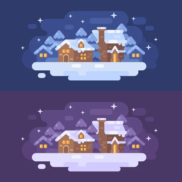 Śnieżna zima wieś ilustracja płaski krajobraz. Boże Narodzenie kartki tła. Poziome banery nowy rok — Wektor stockowy