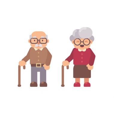 Yaşlı adam ve yaşlı kadın karakter illüstrasyon düz. Büyükbaba ve büyükanne düz simgesi