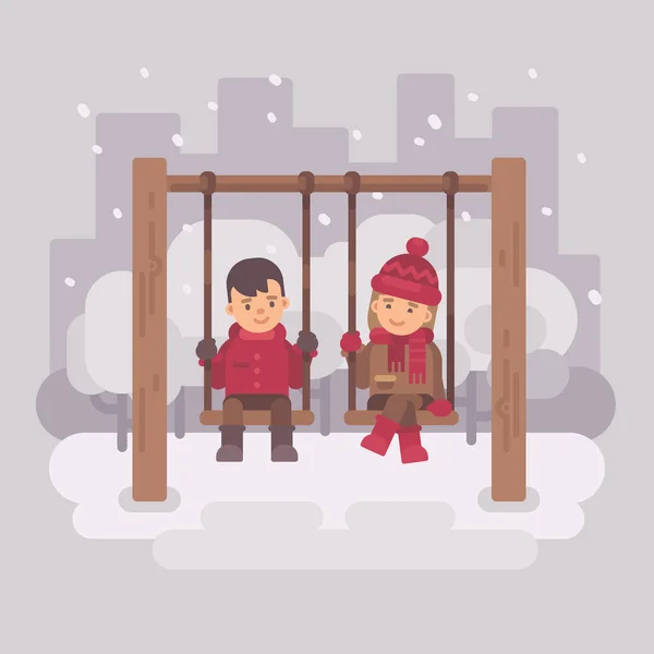 Jongen en meisje op schommelingen in het stadspark van een winter. Twee kinderen plezier. Valentijnsdag vlakke afbeelding — Stockvector