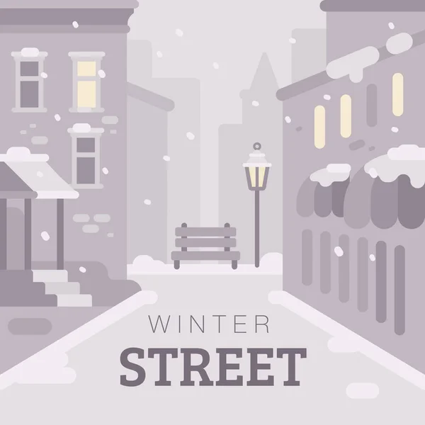 Nevado invierno ciudad calle plana ilustración. Fondo monocromo de invierno con texto — Archivo Imágenes Vectoriales