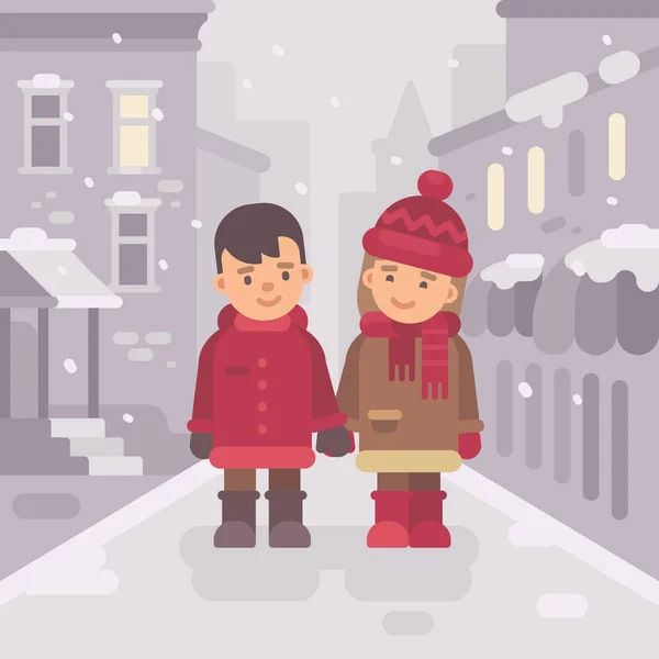 Schattige kleine jongen en meisje lopen samen in een snow winter stad straat. Valentijnsdag vlakke afbeelding banner. Christmas wenskaart — Stockvector