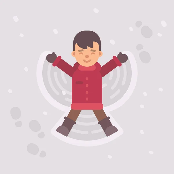 Kleine jongen een engel van de sneeuw te maken. Winter kind vlakke afbeelding — Stockvector