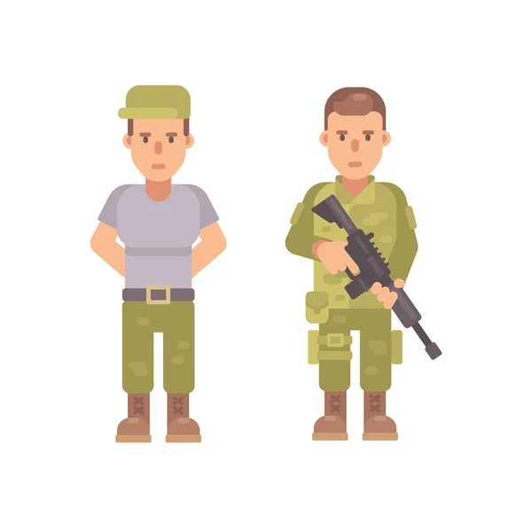Tentara dalam T-shirt dan topi. Pria berseragam militer memegang senapan. Ilustrasi karakter rata - Stok Vektor