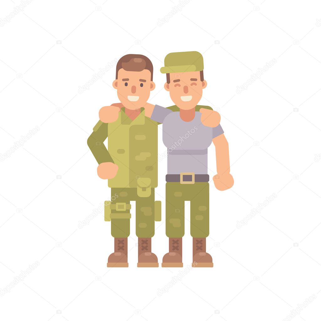 Two happy soldiers hugging. Two army friends in military uniform. Flat character illustration